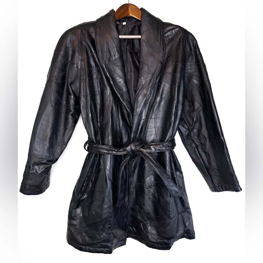 vintage women's patchwork leather coat size Medium black tie waist Witchy Grunge